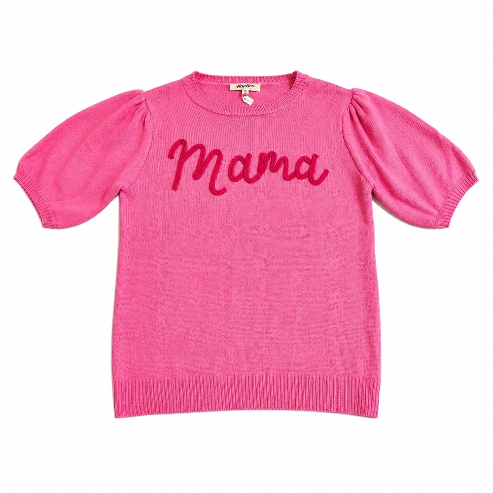 Haptics Holly Harper Pink Mama Script Puff Short Sleeve Knit Sweater Top Medium